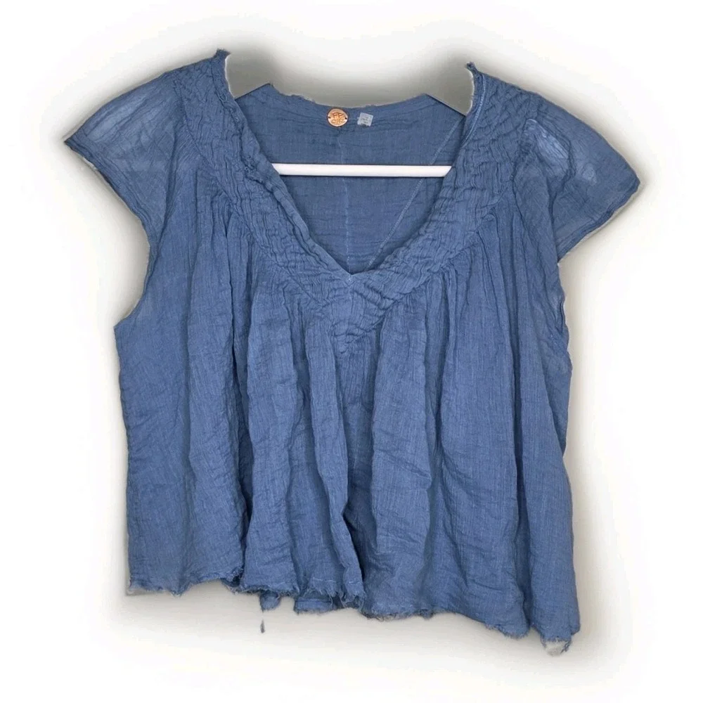 Free People FP One Padma Top Coastal V Neck Flutter Sleeve Blouse Oversized Sm